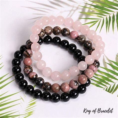 Bracelets En Rhodonite Onyx Noir Et Quartz Rose Bracelet De Perles