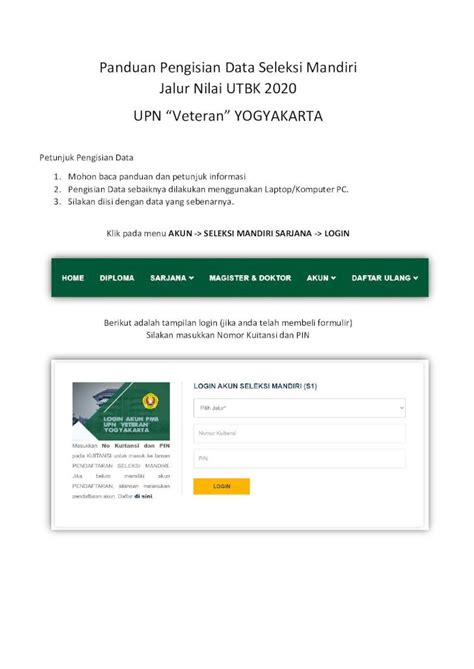 Pdf Panduan Pengisian Data Seleksi Mandiri Jalur Nilai Utbk Pmb