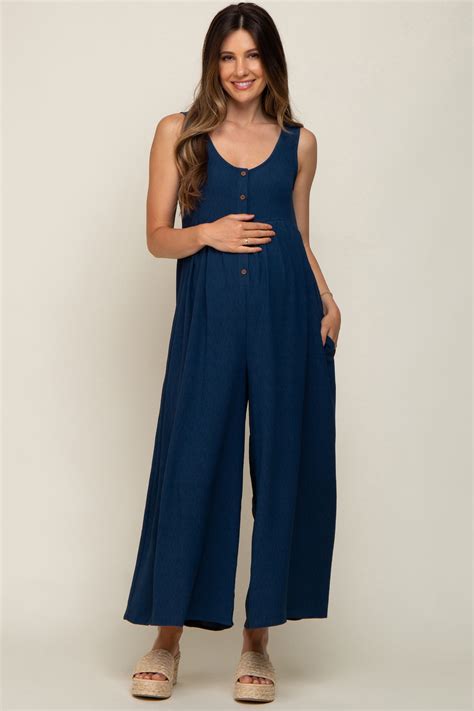 Navy Blue Button Front Wide Leg Maternity Jumpsuit Pinkblush