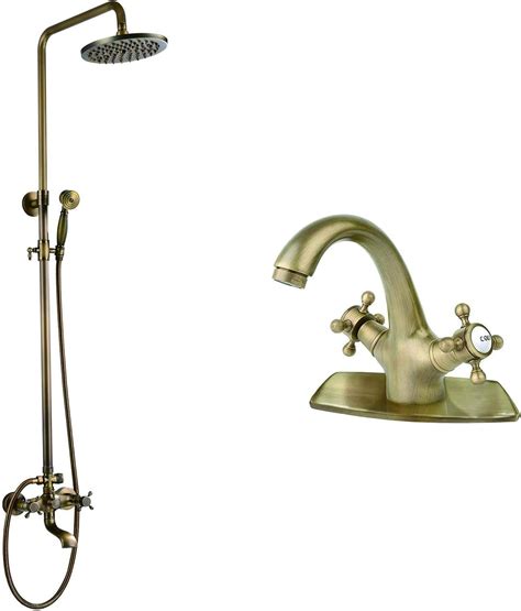 Aolemi Antique Brass Shower Faucet Set Matching Double Cross Handle