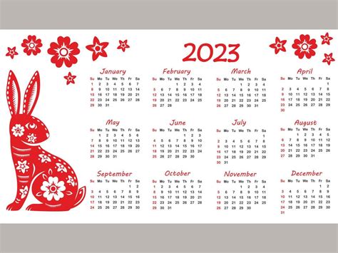 calendario 2023 con signo zodiaco, año del conejo, con arte cortado en papel rojo sobre fondo de ...