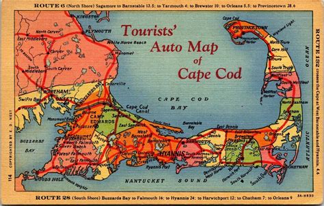 Tourists Auto Map Of Cape Cod Oceans Cities Highway Linen Postcard