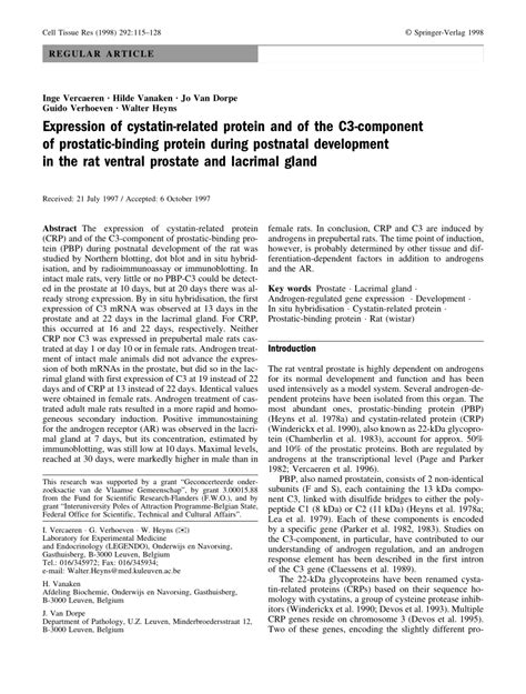 Pdf Expression Of Cystatin Related Protein And Of The C Component Of