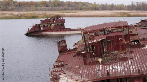 Aerial View Of Boat Ship And Barge Graveyard On The Pripyat River