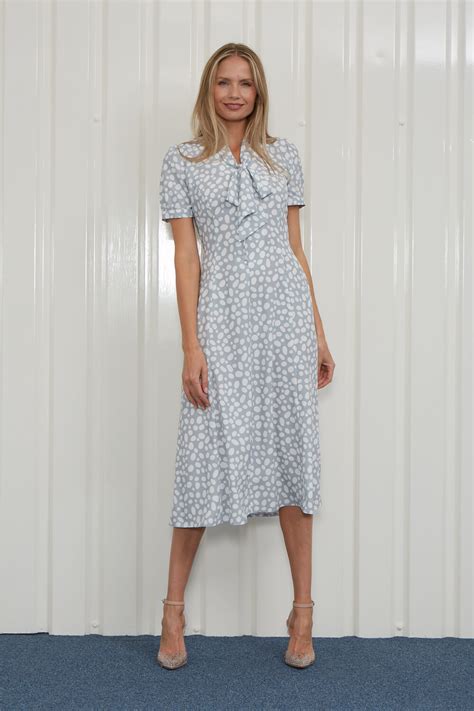 Julianna Spot Print Pussy Bow Dress In Grey Roman Originals UK