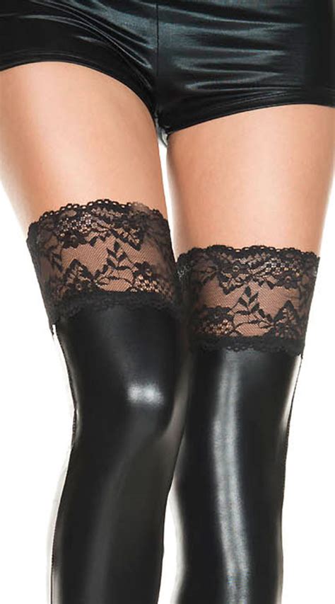 Wet Look Footless Thigh Highs Sexy Black Lace Hosiery