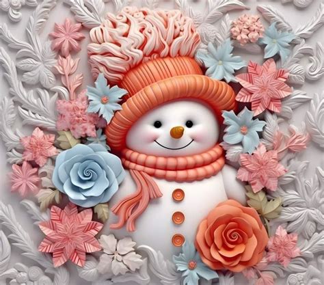 A Snowman Is Surrounded By Flowers And Leaves