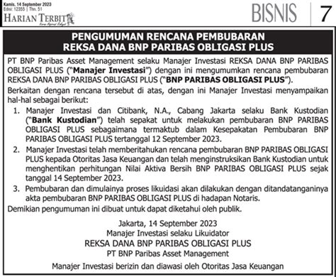 Pengumuman Rencana Pembubaran Reksa Dana Bnp Paribas Obligasi Plus