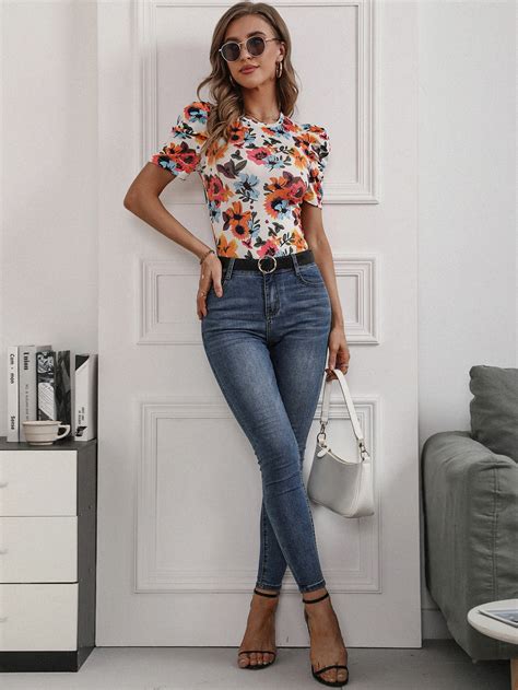 Floral Print Puff Sleeve Tee Shein Usa