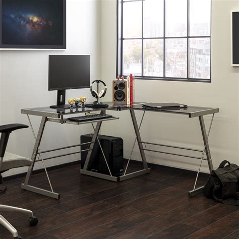 Manor Park Modern Glass And Metal Silver L Shaped Corner Computer Desk