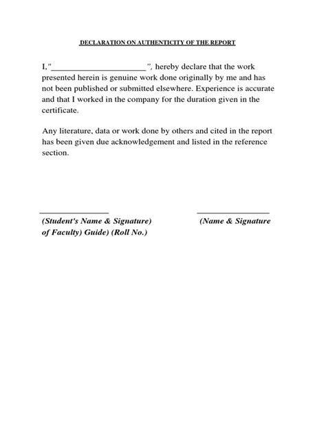 Declaration On Authenticity Of The Report Pdf