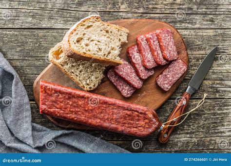 Smoked Sausage Sliced Salami On Cutting Board Top View Stock Image