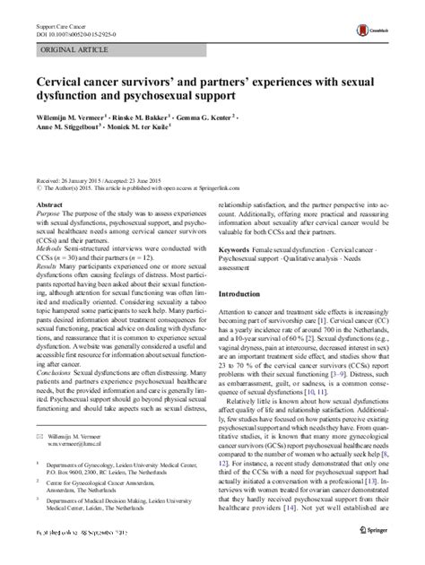 Pdf Cervical Cancer Survivors And Partners Experiences With Sexual Dysfunction And