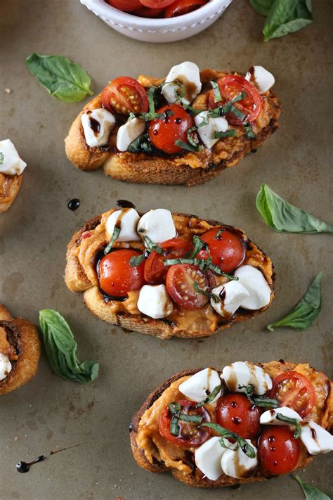 Caprese Roasted Red Pepper Hummus Crostini A Kitchen Addiction