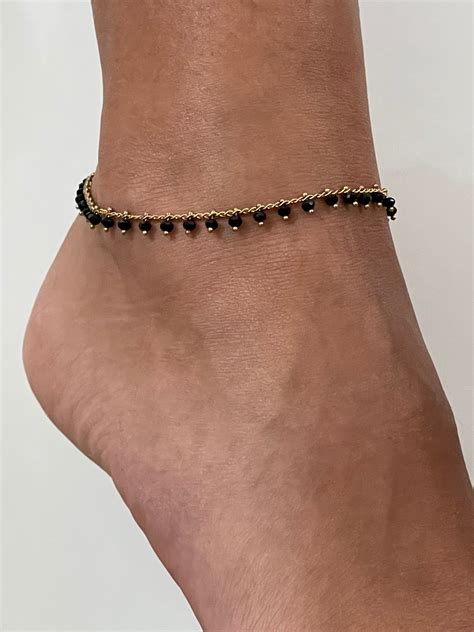 Anklet Black Anklet 24k Gold Plated Chain Dangle Anklet Etsy