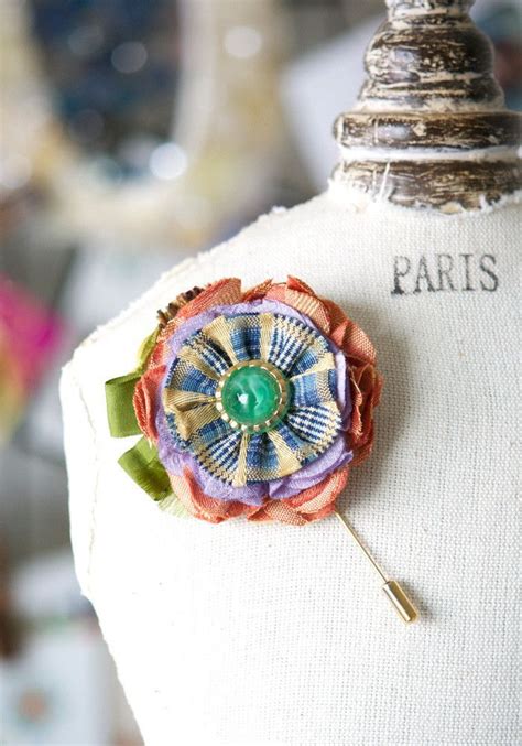 Colorful Lapel Flower Pin With Vintage Glass Button Fabric Flower