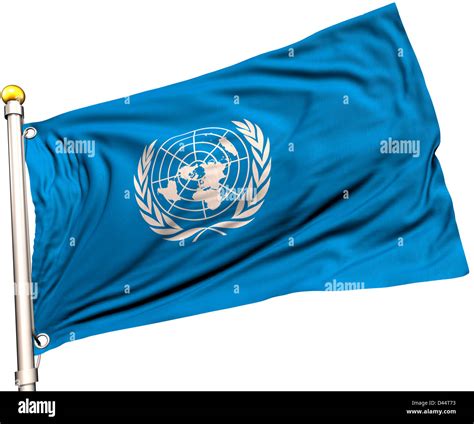 United Nations flag on a flag pole. Clipping path included. Silk ...