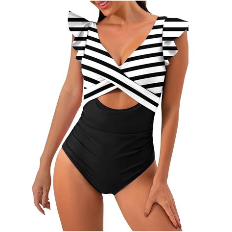 Vsssj Swimsuits For Women Crisscross Ruffle Sexy One Piece Bikini Swimwear Stripe Printed Cutout