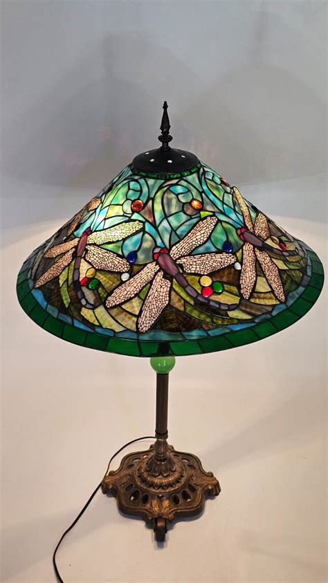 Vintage Tiffany Style Leaded Stained Glass Dragonfly Lamp 32x22x22 Ebay