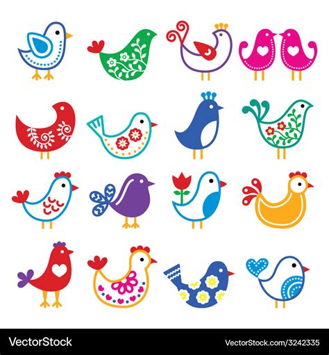 Folk art colorful birds icons set Royalty Free Vector Image