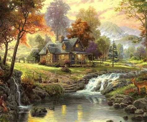 Thomas Kinkade Log Cabin Painting