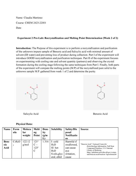 Pre Lab Recrystallization Of Melting Point Determination Week Of