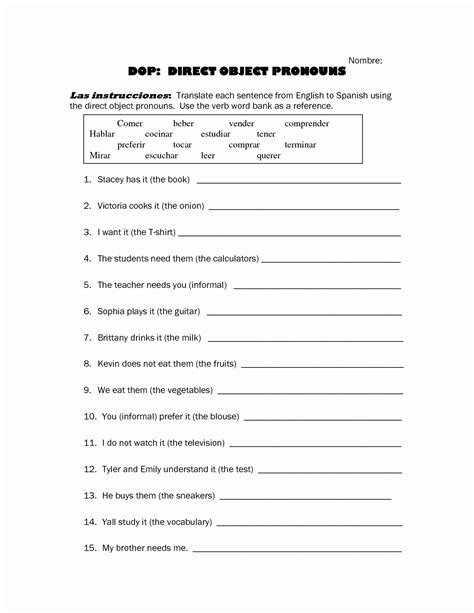 50 Subject Pronouns In Spanish Worksheet