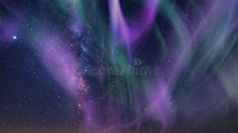 Aurora Glowing Green Purple And Milky Way Galaxy Loop Stock Video