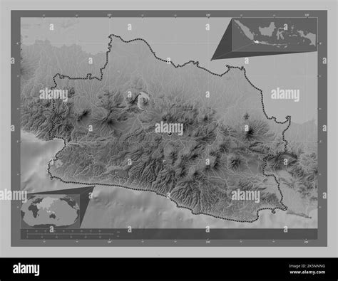 Jawa Barat, province of Indonesia. Grayscale elevation map with lakes ...