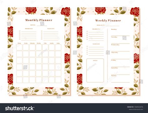 Set Printable Floral Monthly Weekly Planner Stock Vector (Royalty Free ...