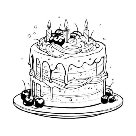 Download Elaborate Birthday Cake Drawing with Candles and Cherries Coloring pages Online ...