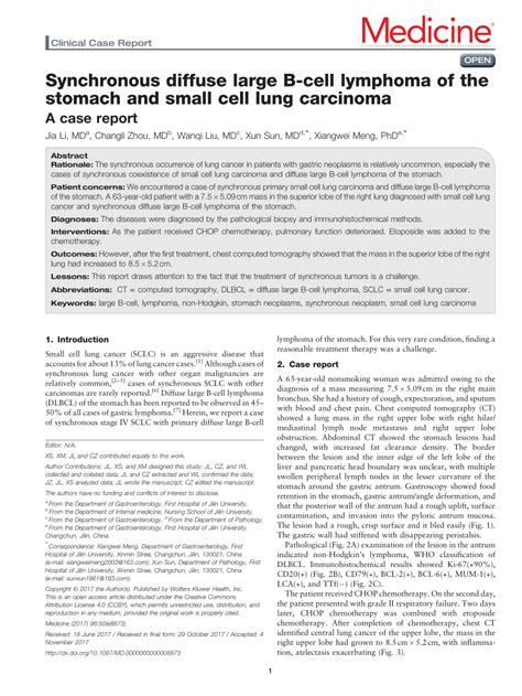 Pdf Synchronous Diffuse Large B Cell Lymphoma Of The Stomach And Small Cell Lung Carcinoma A