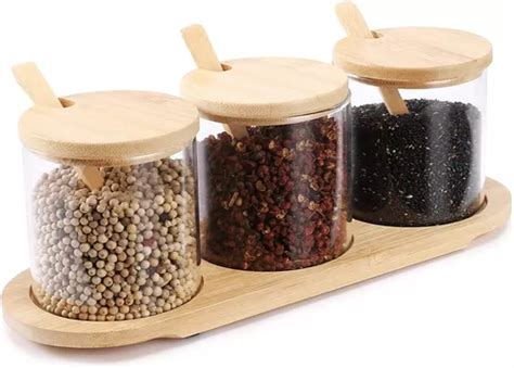 Set Especieros De Vidrio Con Tapa Y Cuchara Bambu En Venta En