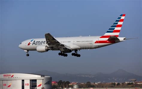 American Airlines Boeing B777 Landing In El Prat Airport Editorial