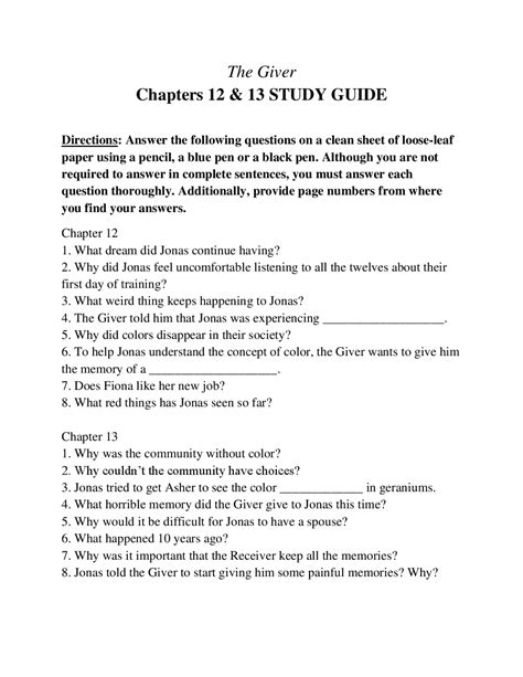 The Giver Chapters 12 And 13 Study Guide Study Notes English Literature