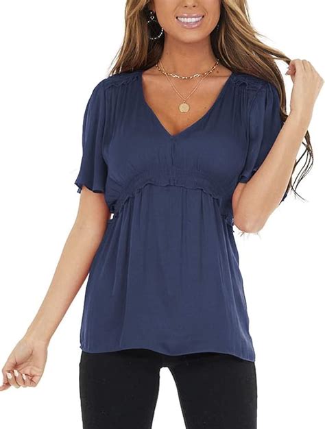 Womens Short Flutter Sleeve Babydoll Tops V Neck Cinched Waist Ruffle