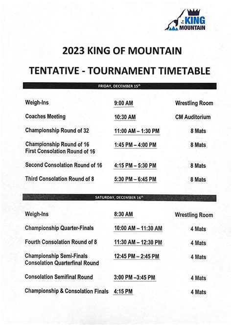 Tournament Schedule | King Of The Mountain