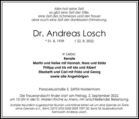 Traueranzeigen Von Andreas Losch Nordwest Trauer De