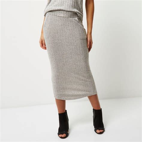 River Island Grey Grey Ribbed Knit Midi Skirt Grey Ribbed Knit Midi Skirt Glamour Agency