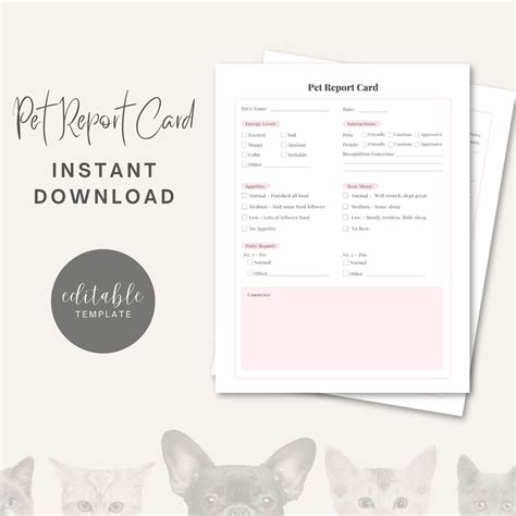 Pet Report Card Printable Pdf Pink Editable Pet Owner Info Template Pet