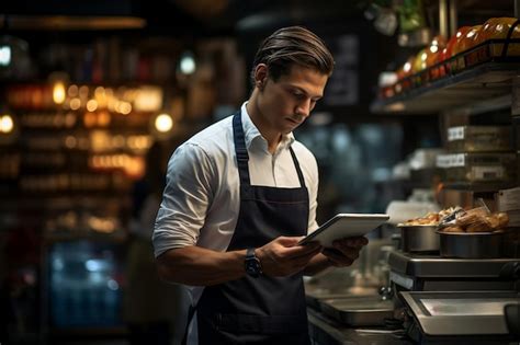 Um Chef Do Restaurante Utiliza Um Tablet Para Solicitar Mantimentos De