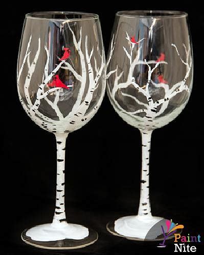 Paint Nite Winter Birches Wine Glasses