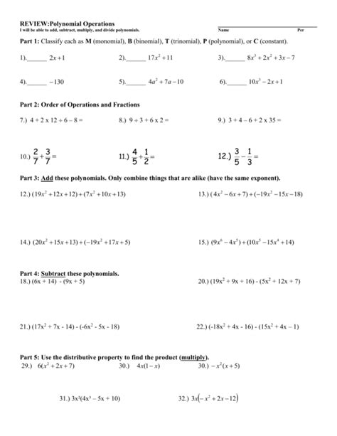 Intro To Polynomials Worksheet