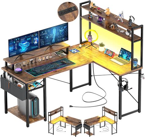 Aheaplus Small L Shaped Gaming Desk With Led Lights Power Outlets