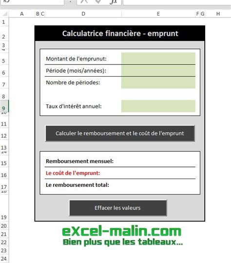 Excel Calcul De Lemprunt Mensualités And Coût De Lemprunt