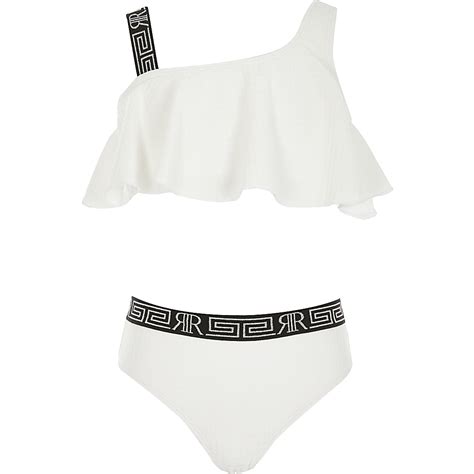 Girls White Textured One Shoulder Bikini Set River Island