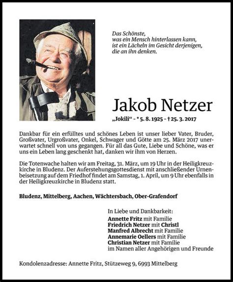 Todesanzeigen Von Jakob Netzer Todesanzeigen Vorarlberger Nachrichten