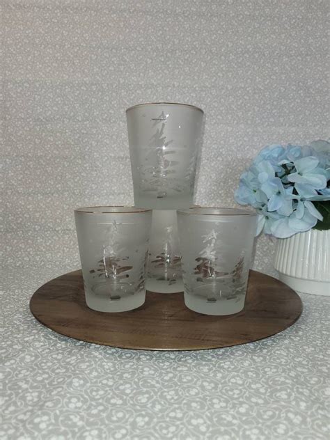 4 Vintage Libbey Frosted Christmas Tree Rocks Glasses Vintage Christmas Tree Tumblers Gold