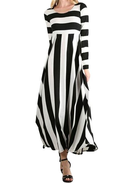 Trendy Contrast Color Striped Long Sleeve Maxi Dress