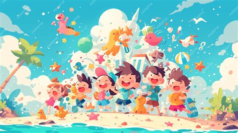 Premium Vector | Kids enjoying a day at the beach on Childrens Day